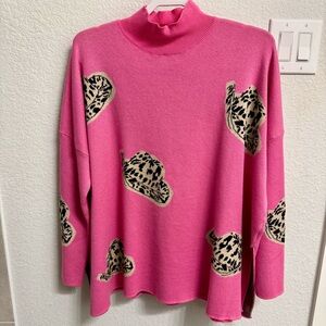Entro Pink Cowgirl Leopard Pattern Turtleneck Sweater